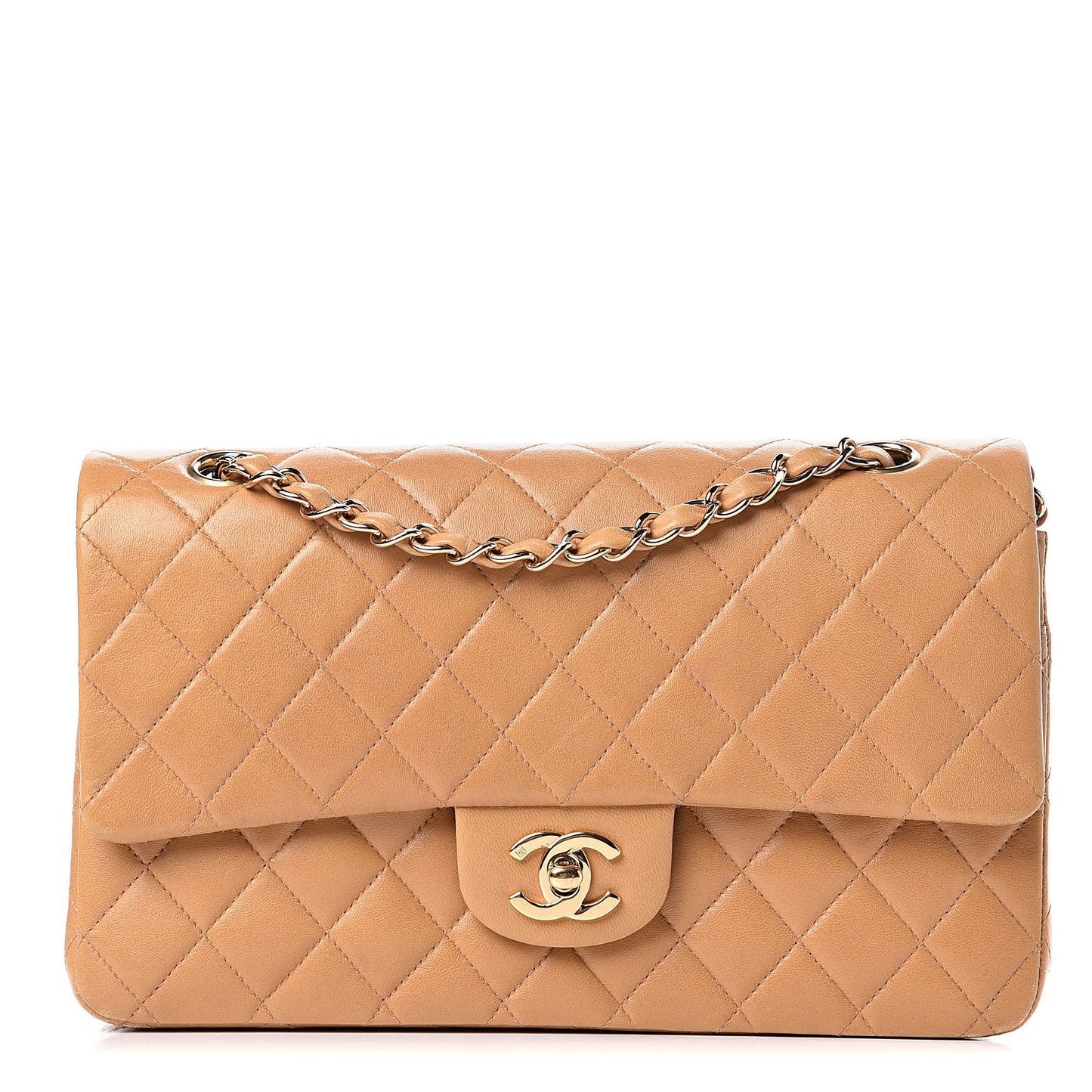Lambskin Quilted Medium Double Flap Beige