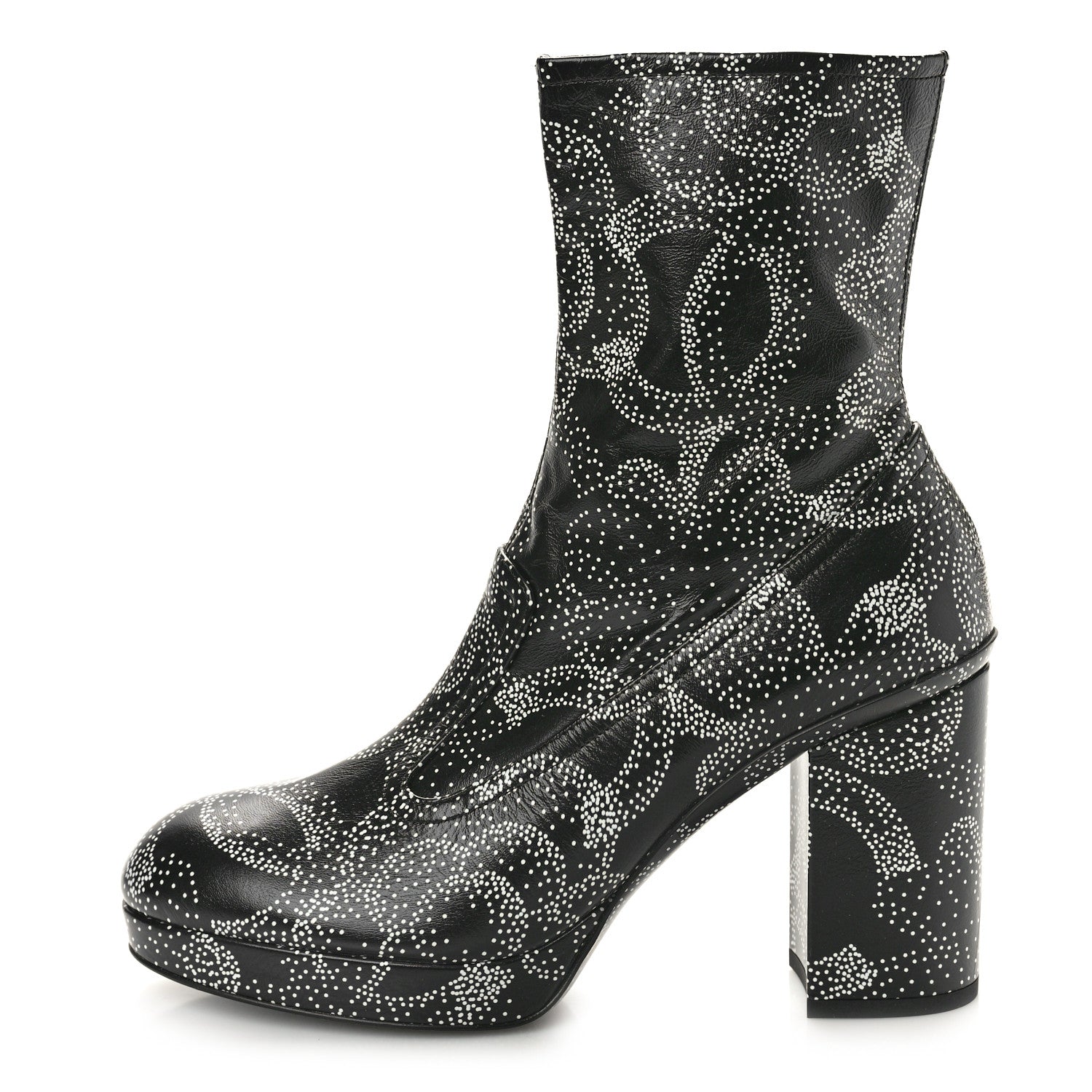 Chanel Calfskin Camellia Printed Ankle Boots 38.5 Black White 1 of 11