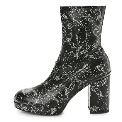Chanel Calfskin Camellia Printed Ankle Boots 38.5 Black White 1 of 11