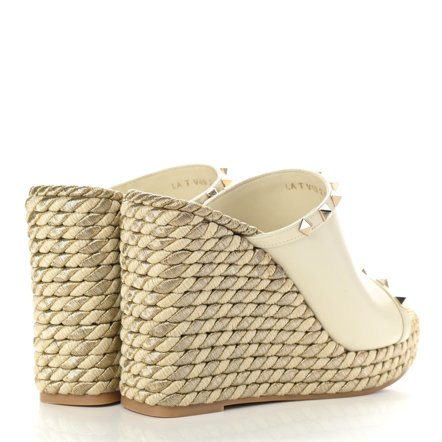 Calfskin Silk Rockstud Torchon Espadrille Wedge 25/115mm Slide Sandals 38 Light Ivory
