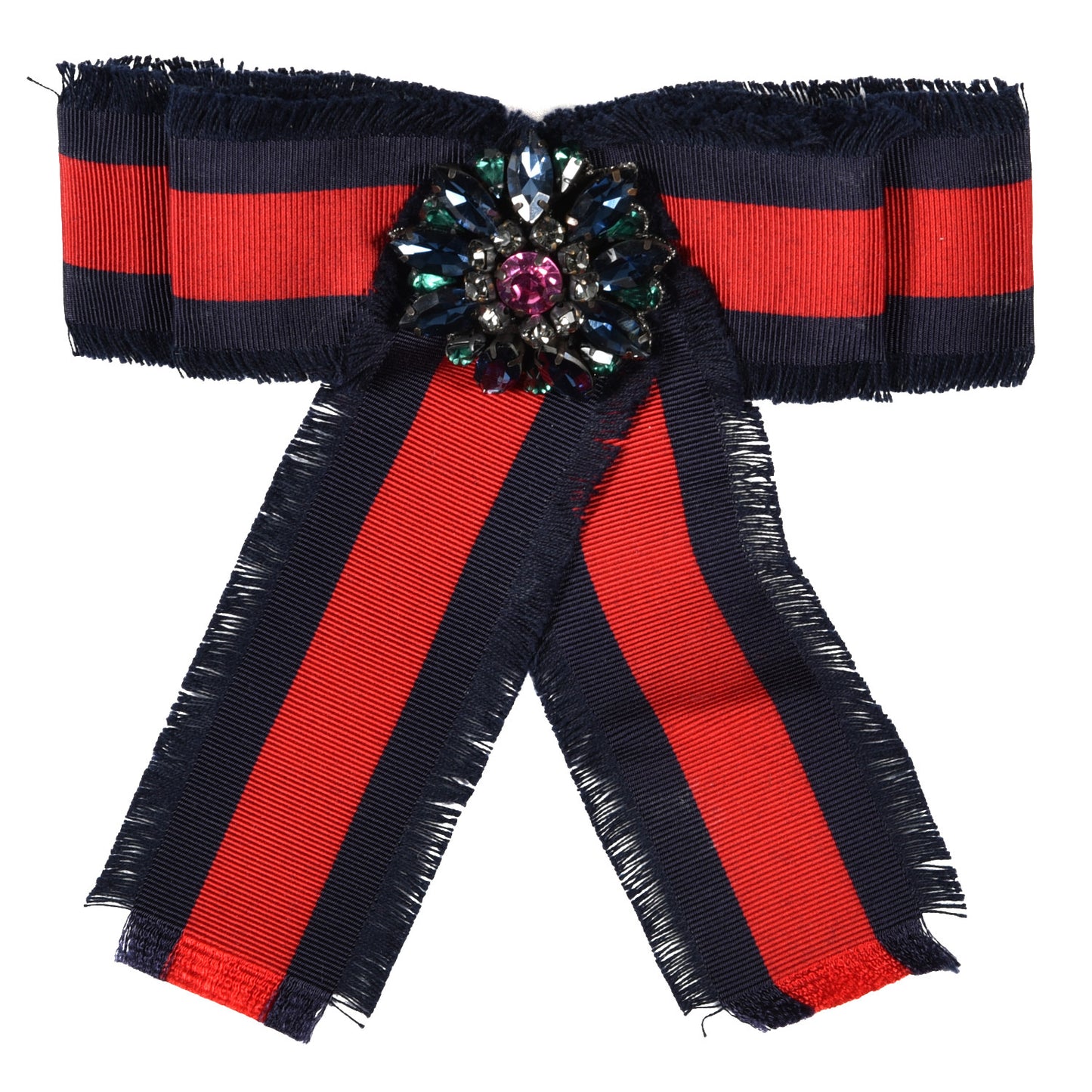 Grosgrain Web Crystal Bow Brooch Blue Red