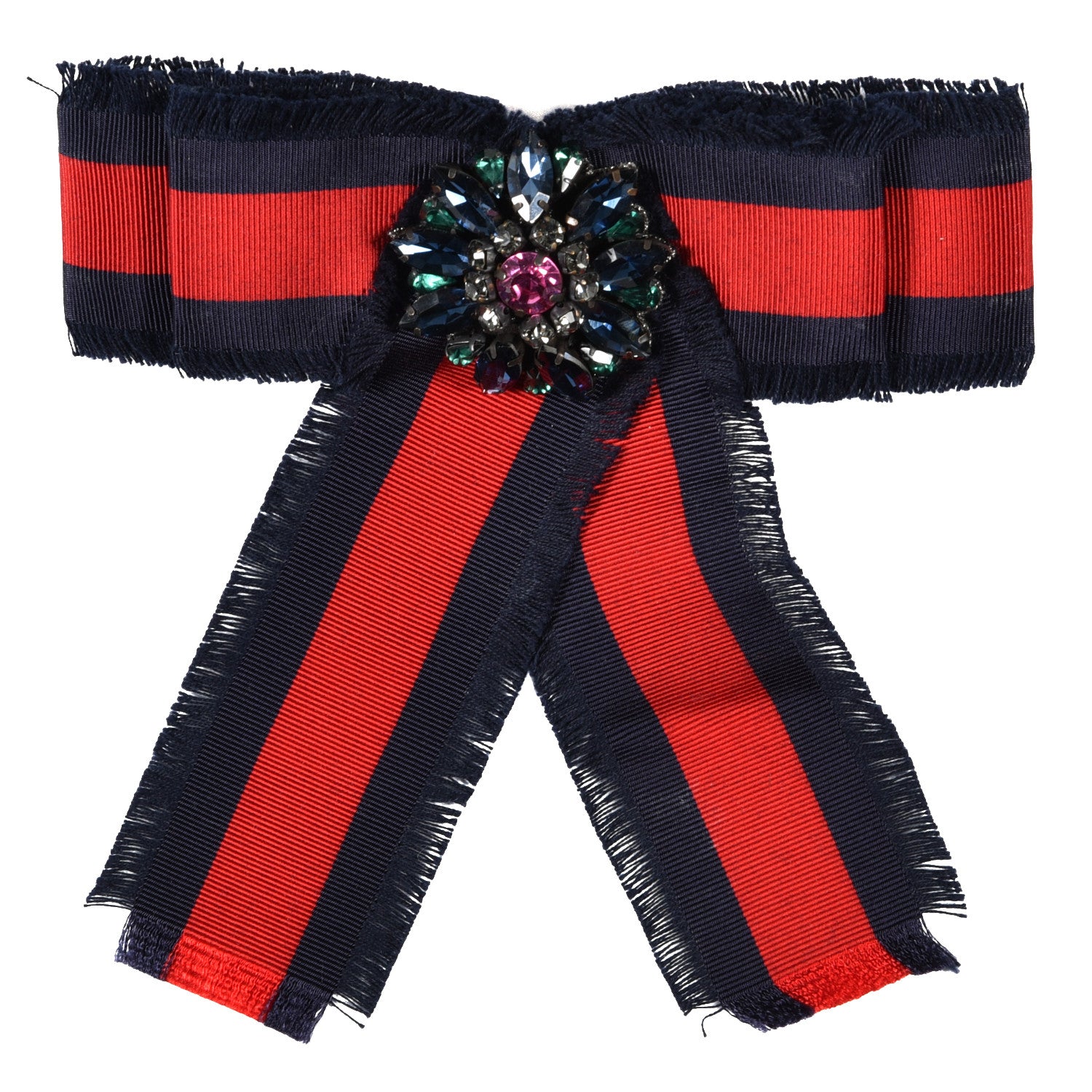 Gucci Grosgrain Web Crystal Bow Brooch Blue Red 1 of 3