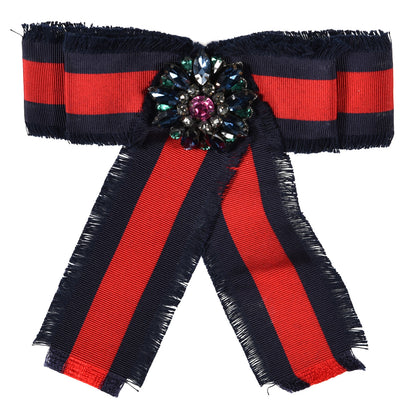 Gucci Grosgrain Web Crystal Bow Brooch Blue Red 1 of 3
