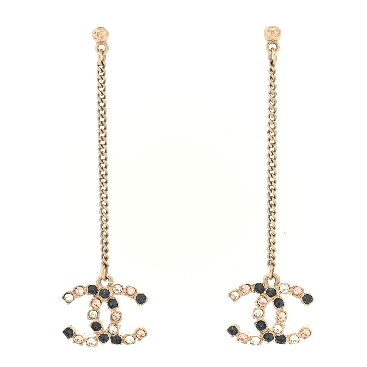 Chanel Crystal CC Drop Earrings Pink Grey Gold 1 of 4