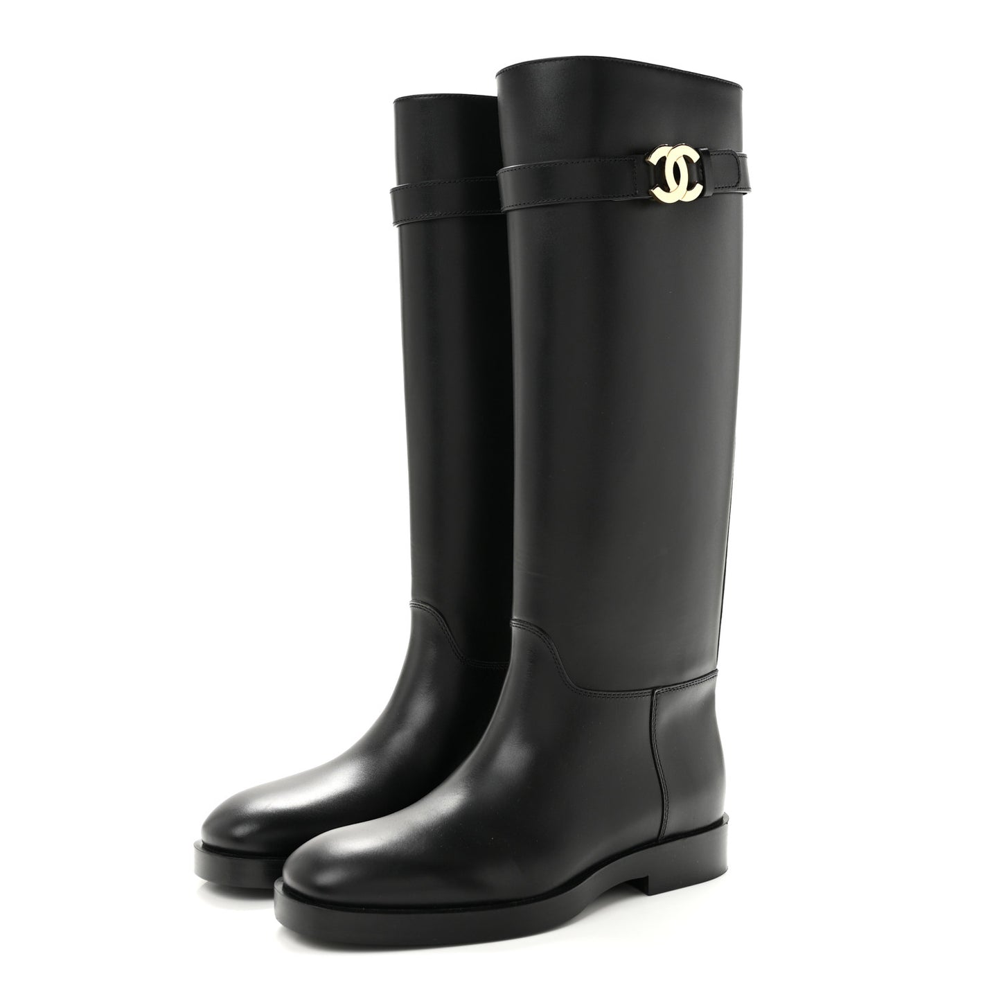 Calfskin CC Buckle High Boots 38 Black