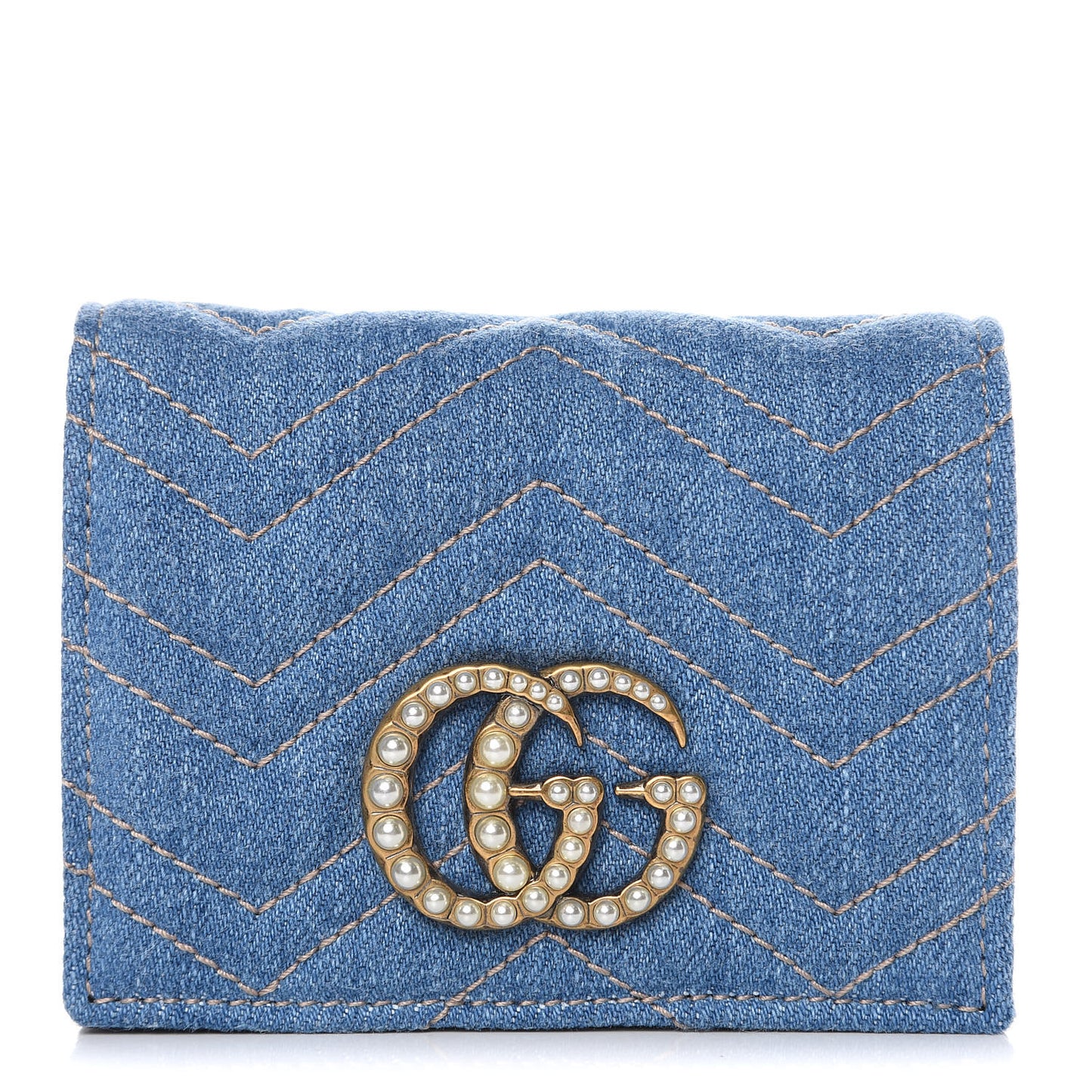 Denim Matelasse Pearly GG Marmont Card Case Wallet Blue
