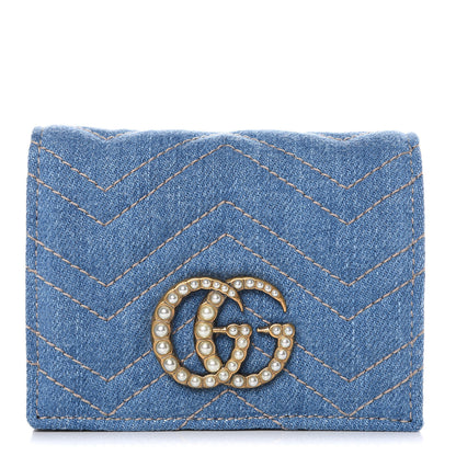 Gucci Denim Matelasse Pearly GG Marmont Card Case Wallet Blue 1 of 8