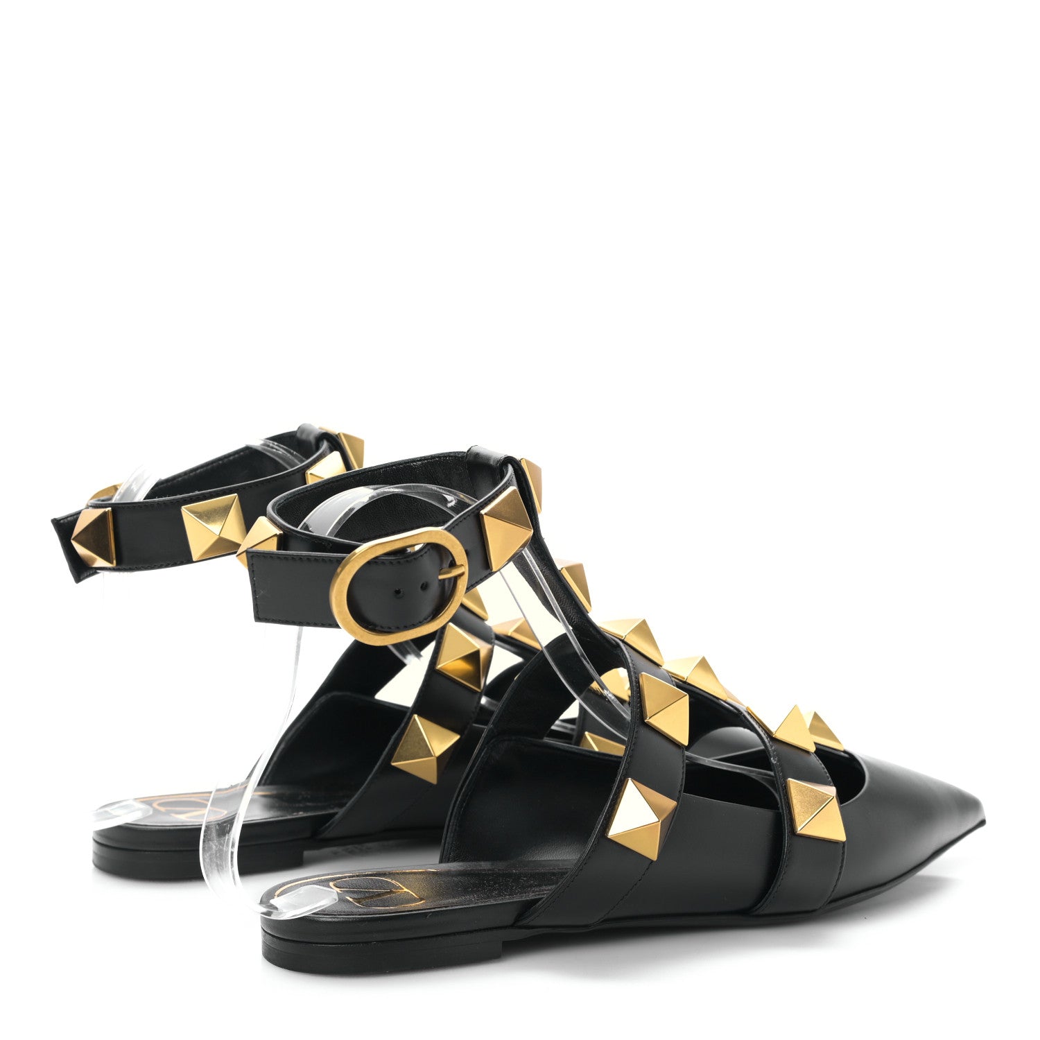 Valentino Garavani Calfskin Roman Stud Ankle Strap Flat Mules 37.5 Black 4 of 8
