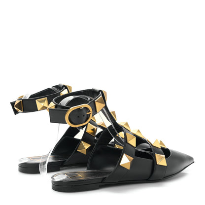 Valentino Garavani Calfskin Roman Stud Ankle Strap Flat Mules 37.5 Black 4 of 8