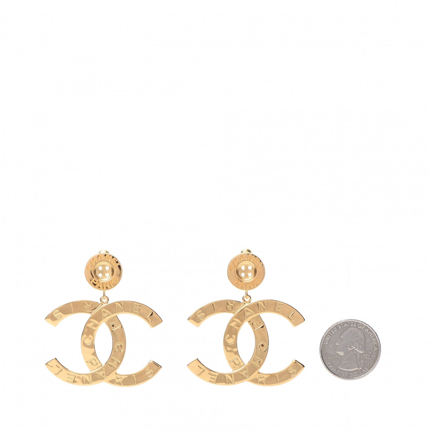 Chanel Metal Large Paris Button Earrings Gold 2 of 5