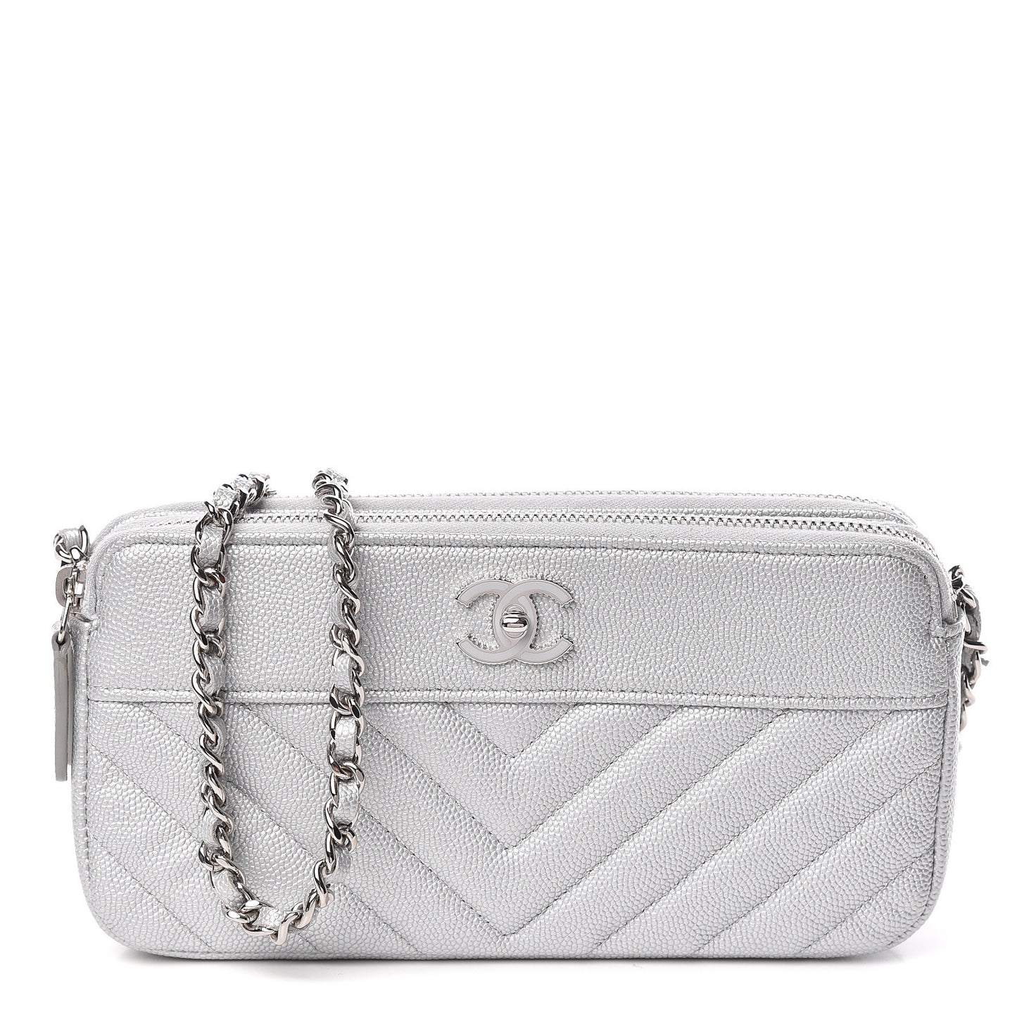 Metallic Caviar Chevron Quilted Small Vintage Mademoiselle Clutch With Chain Silver