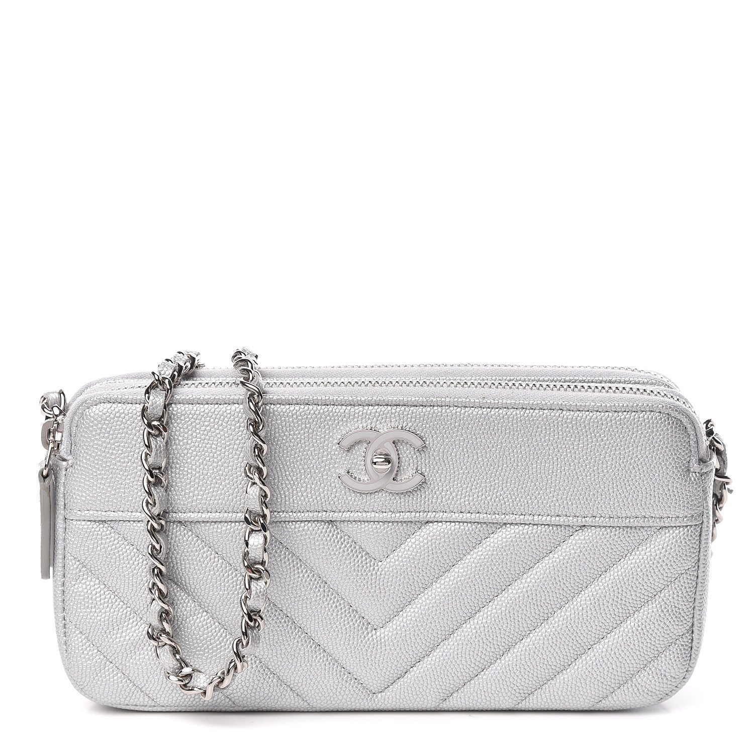 Chanel Metallic Caviar Chevron Quilted Small Vintage Mademoiselle Clutch With Chain Silver 1 of 14