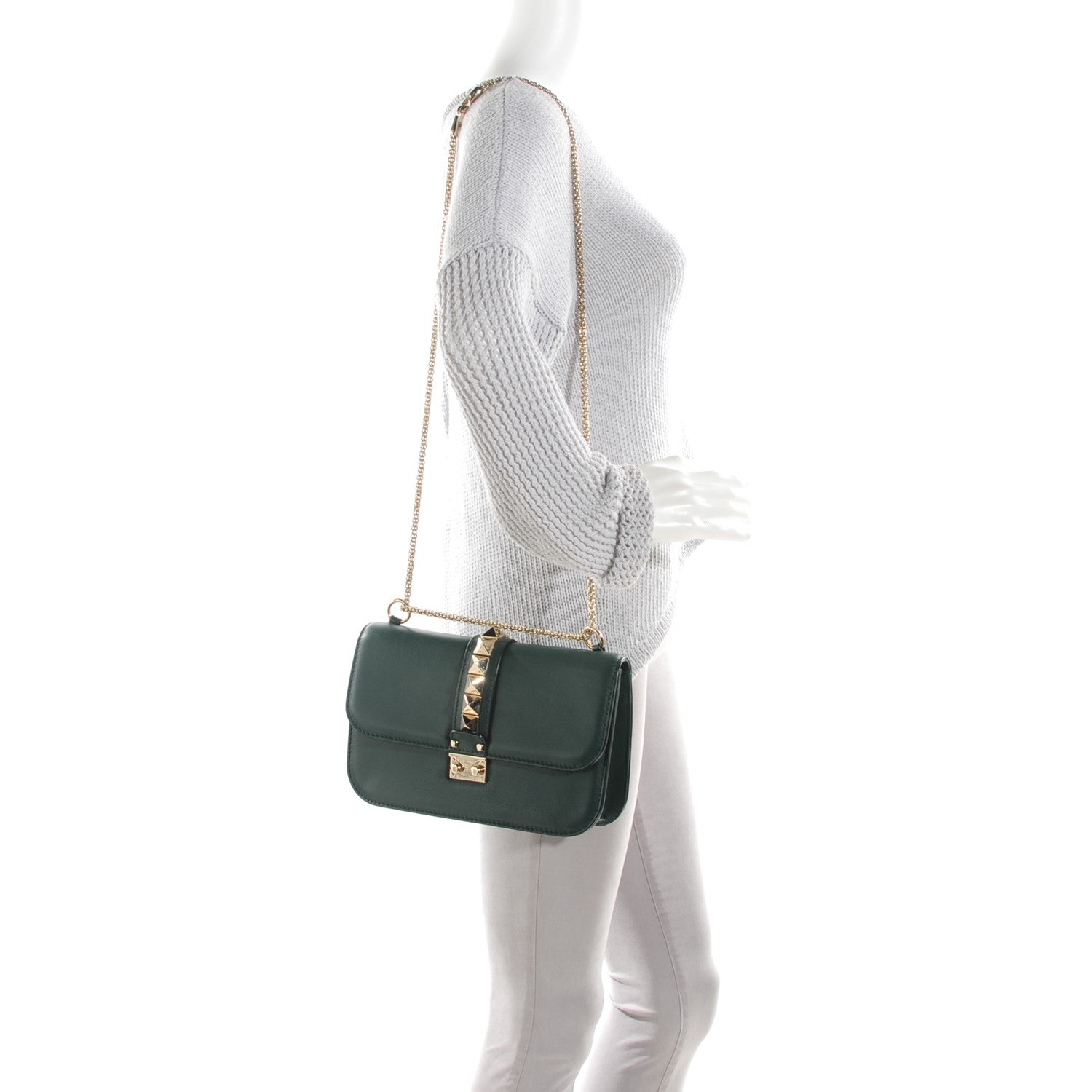Valentino Garavani Vitello Medium Glam Lock Rockstud Flap Forest Green 2 of 7