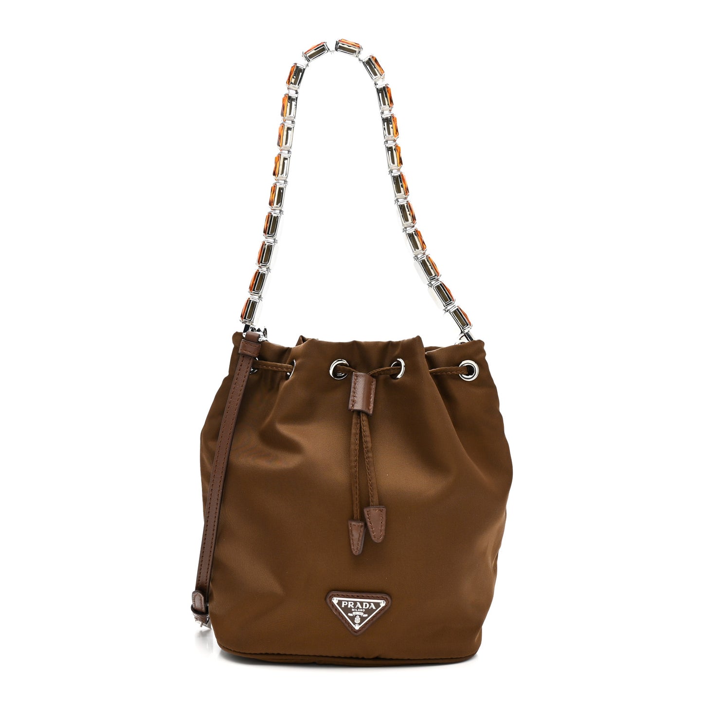 Re-Nylon Saffiano Crystal Mini Re-Edition 1978 Bucket Bag Cacao