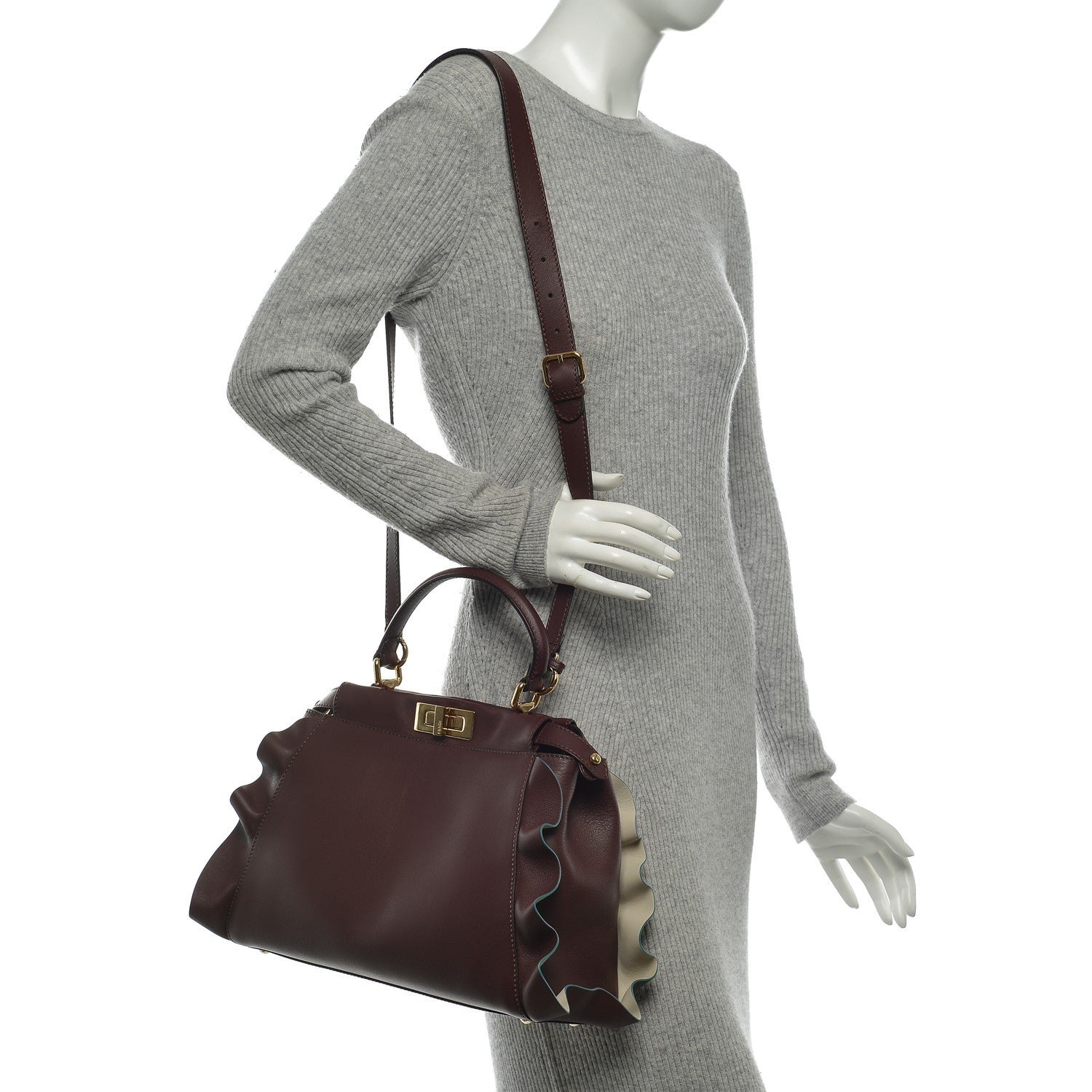 Fendi Vitello Seta Waves Bi-Color Medium Peekaboo Iconic Satchel Bordeaux Latte 2 of 6