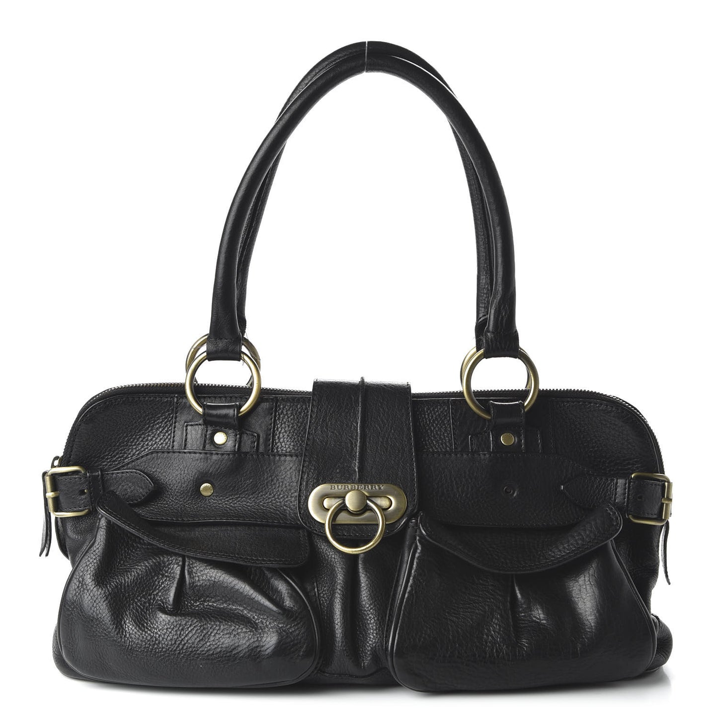 Calfskin Two Front Pocket Satchel Bag Black