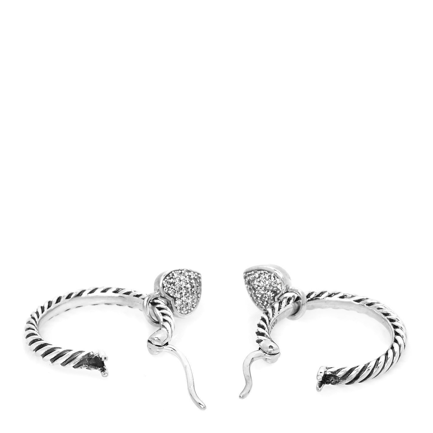 David Yurman Sterling Silver Diamond Cable Heart Hoop Earrings 3 of 4