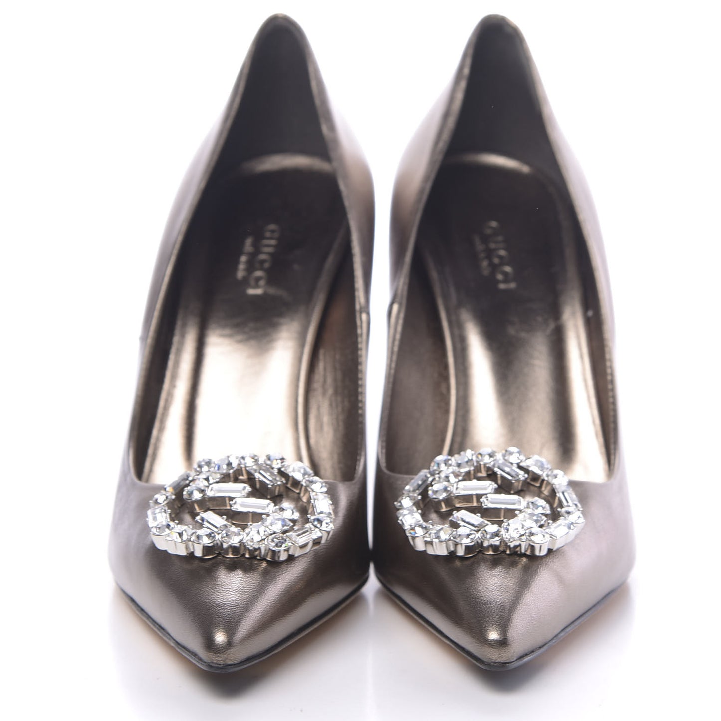 Metallic Calfskin Crystal Interlocking G Pumps 36 Gunmetal