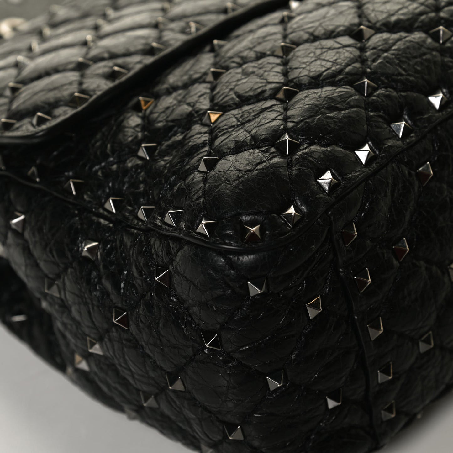 Craquele Nappa Large Rockstud Spike Shoulder Bag Black