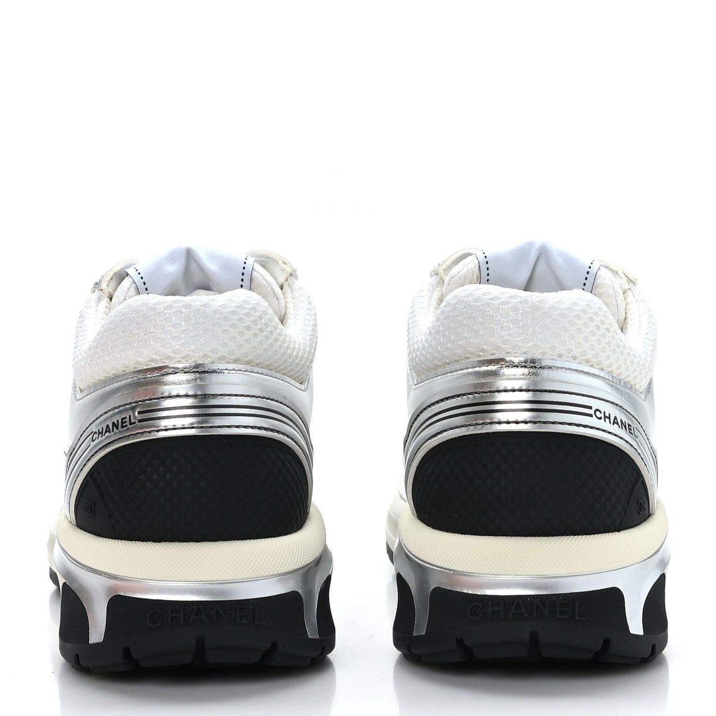 Fabric Laminated Calfskin Stretch CC Womens Sneakers 37.5 White Silver