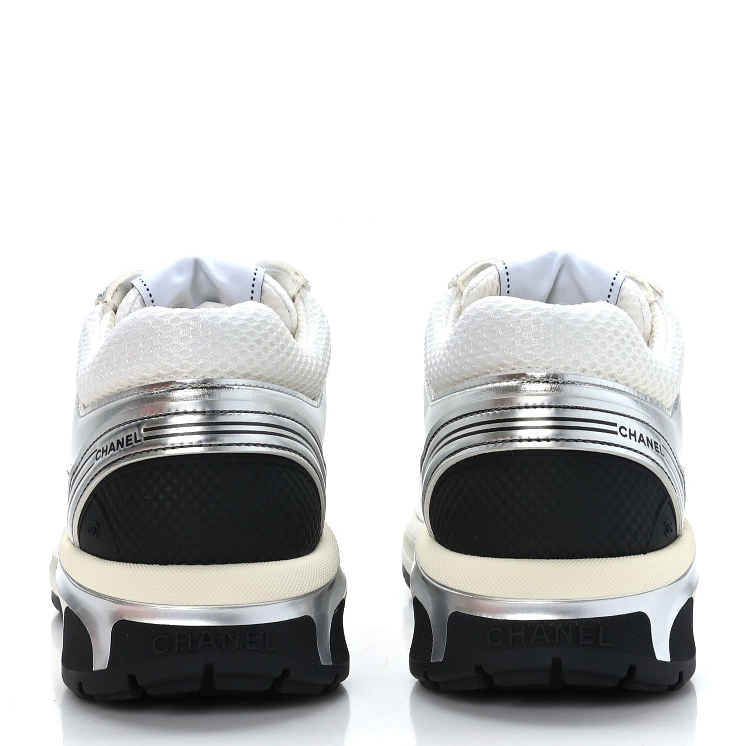 Chanel Fabric Laminated Calfskin Stretch CC Womens Sneakers 37.5 White Silver 5 of 9