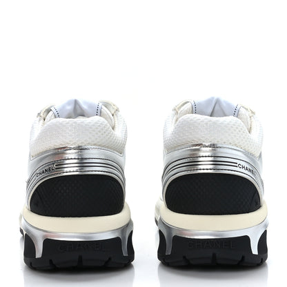 Chanel Fabric Laminated Calfskin Stretch CC Womens Sneakers 37.5 White Silver 5 of 9