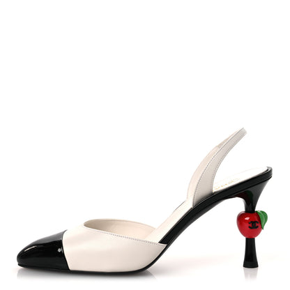 Chanel Lambskin Patent Calfskin Cap Toe CC Apple Slingback Pumps 40 White Black 1 of 11