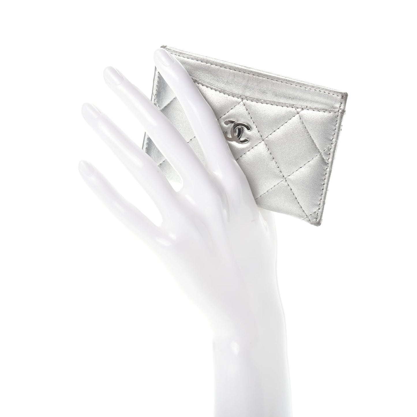 Metallic Lambskin Quilted CC Card Holder Silver