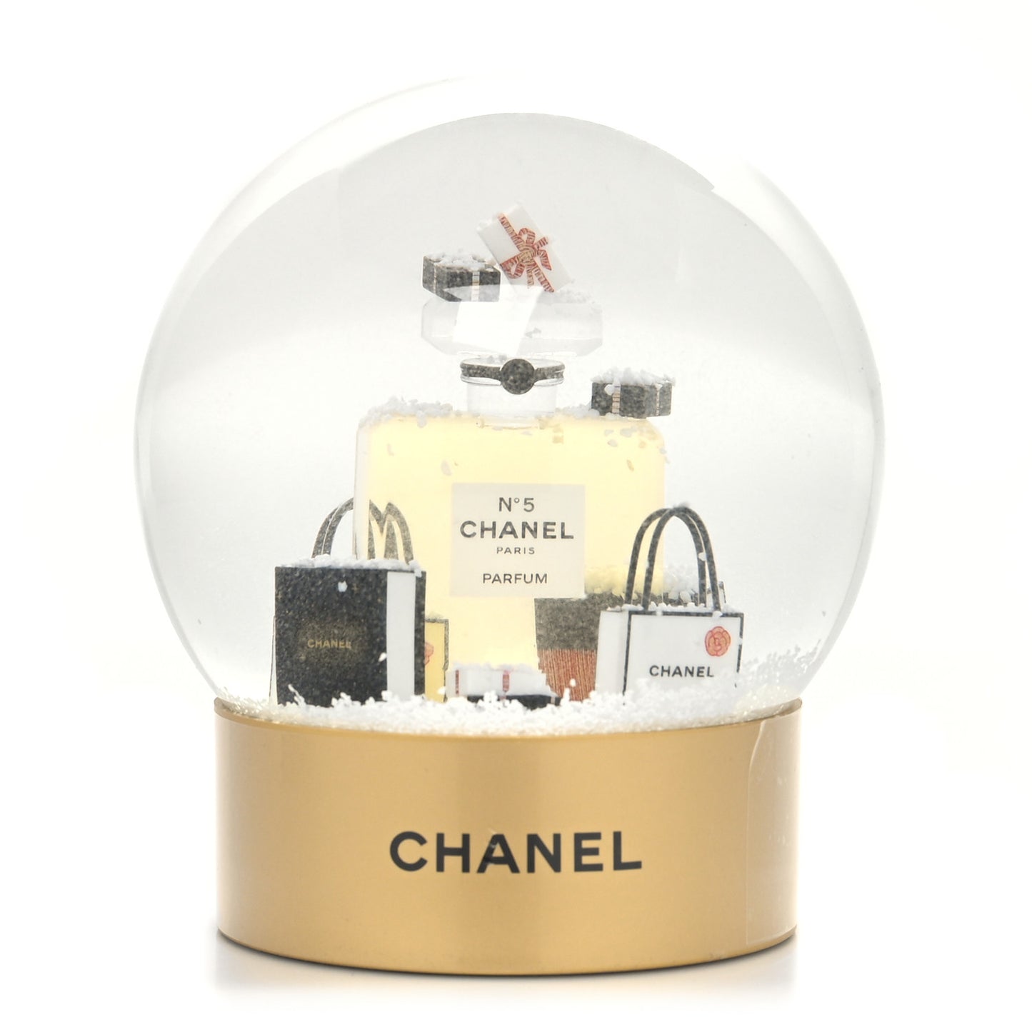 Glass N°5 Perfume Bottle Snow Globe Gold