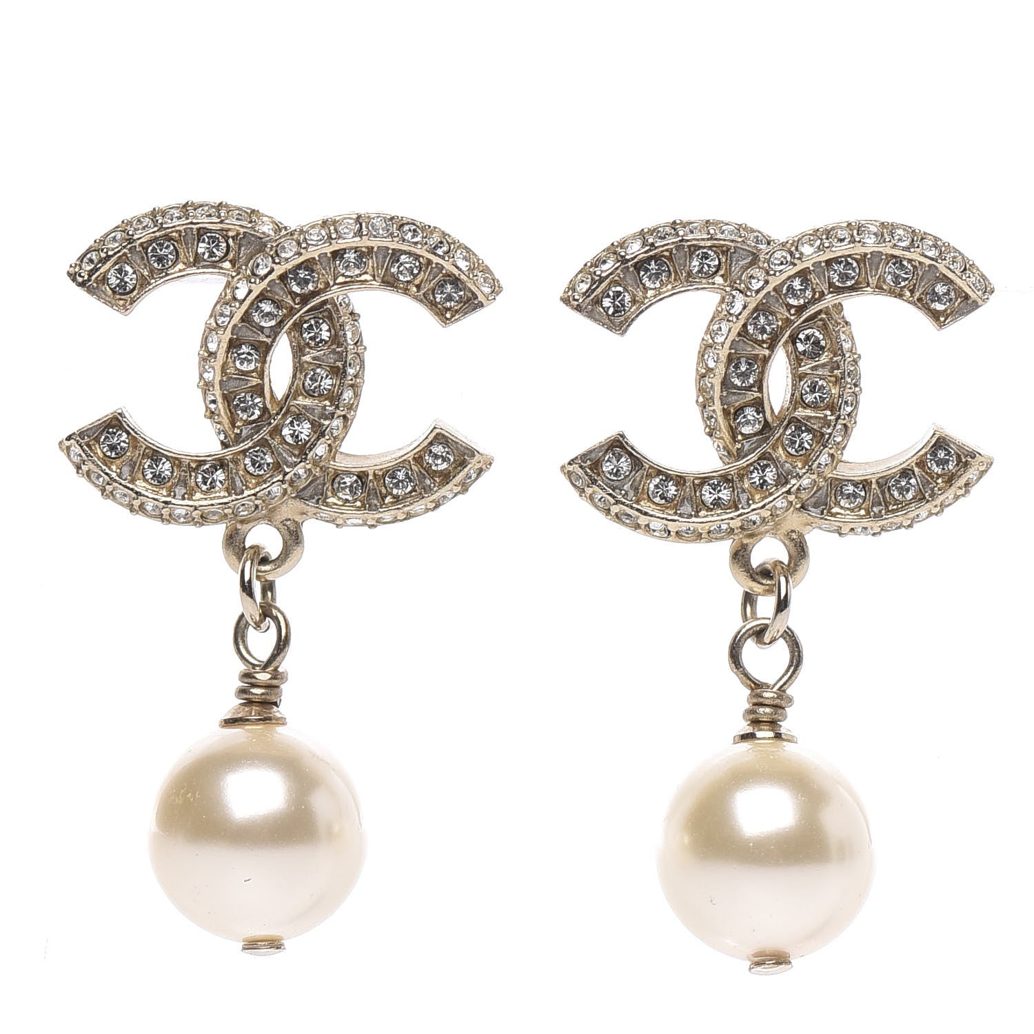 Chanel Crystal Pearl CC Drop Earrings Gold 1 of 5