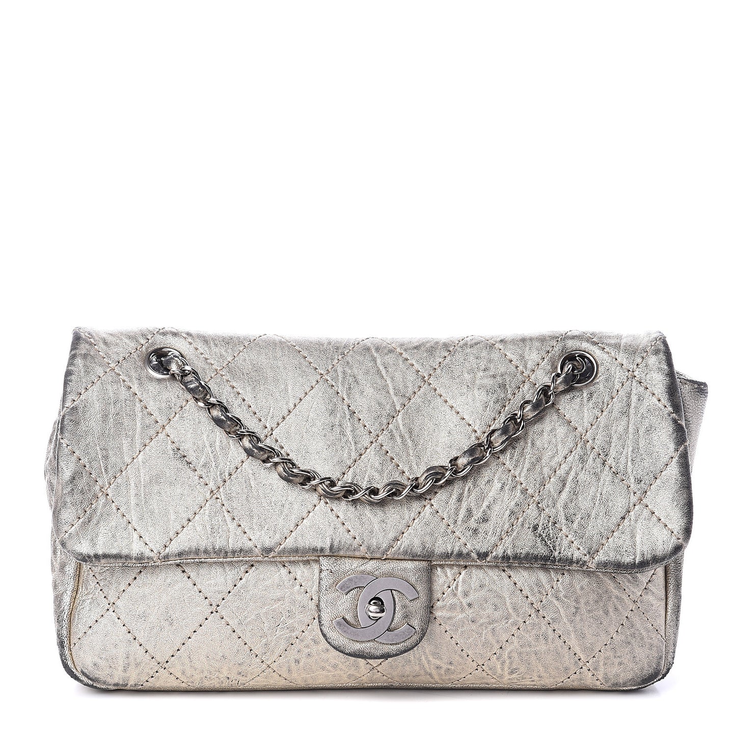 Distressed Metallic Lambskin Quilted Le Marais Ligne Flap Gold