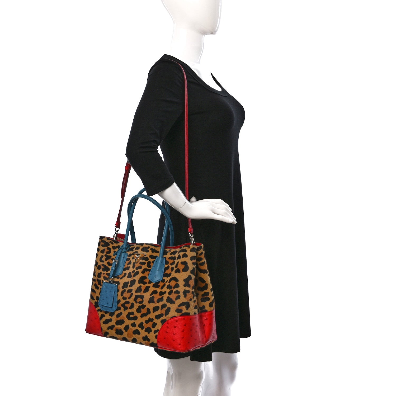 Prada Calf Hair Ostrich Leopard Print Medium Double Bag Miele Voyage 2 of 9
