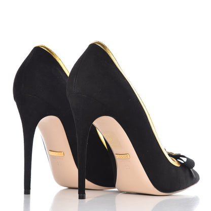 Gucci Suede Calfskin Embroidered Bee Bow Pumps 38 Black 4 of 13