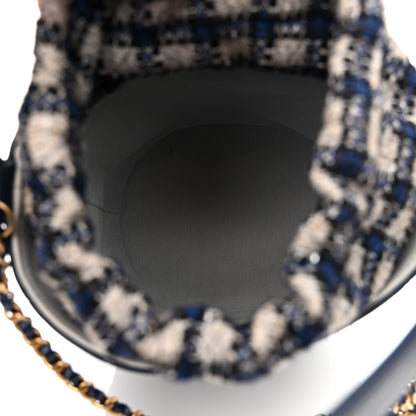 Chanel Calfskin Tweed Medium CC Chain Bucket Drawstring Bag Navy Blue Multicolor 5 of 10
