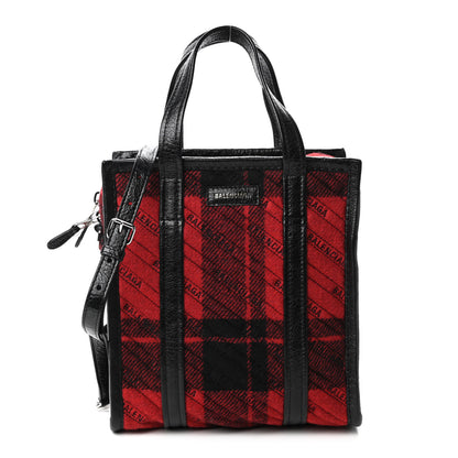 Balenciaga Wool Cuir Arena Plaid Diagonal Allover Logo Matelasse XS Bazar Shopper Tote Red Black 1 of 9