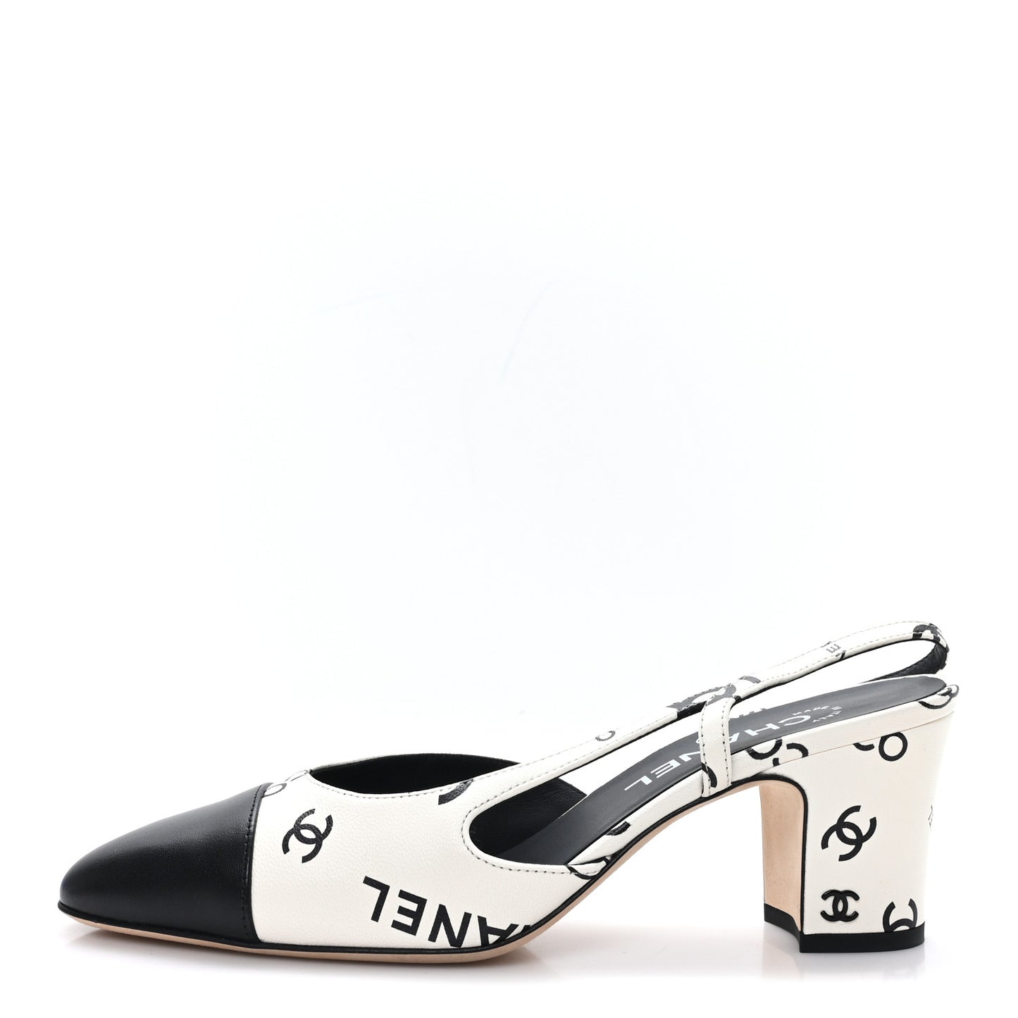 Printed Lambskin Cap Toe CC Slingback Pumps 38 Black White