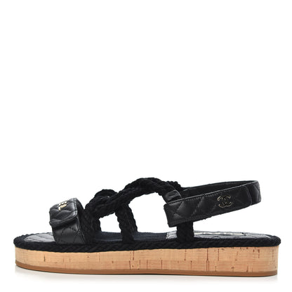 Chanel Cord Lambskin Quilted Logo Sandals 40 Black 1 of 9