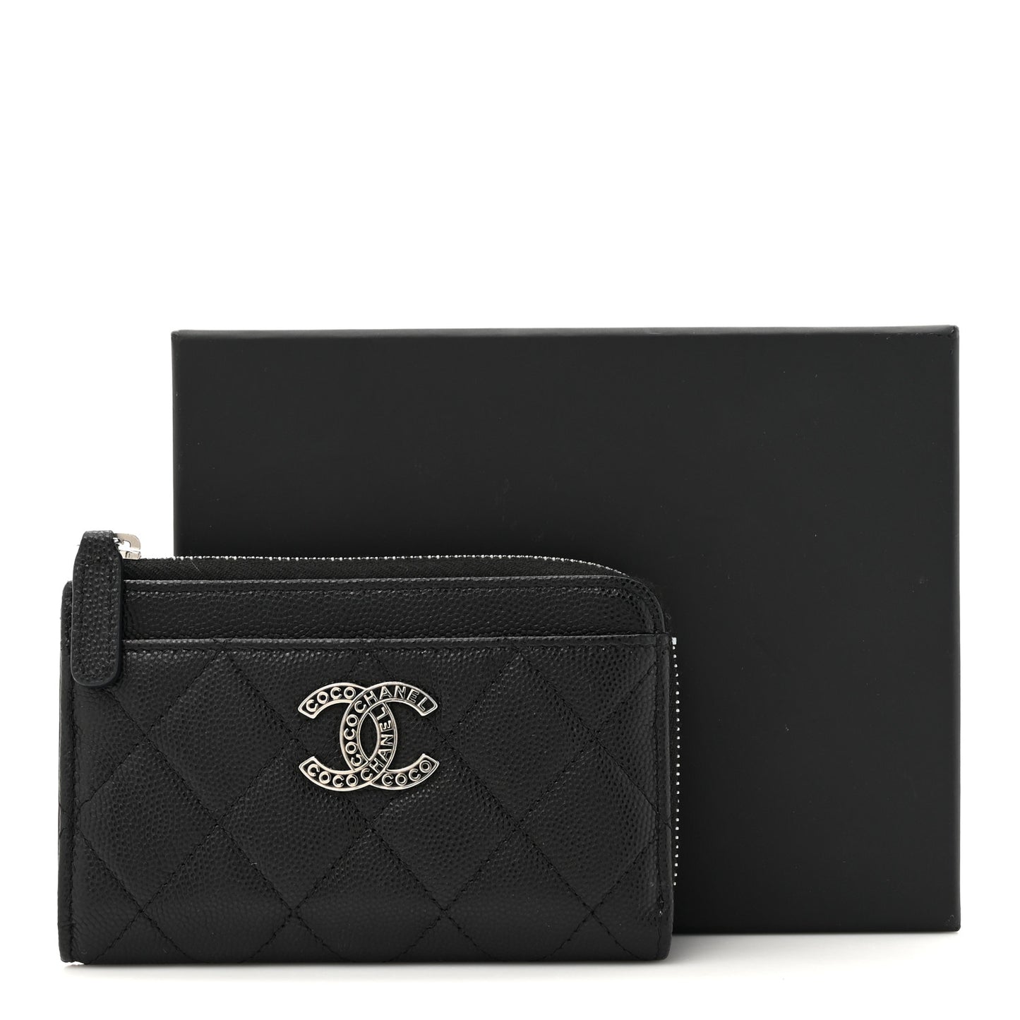 Caviar Quilted CC Logo Zip Around Card Holder Black