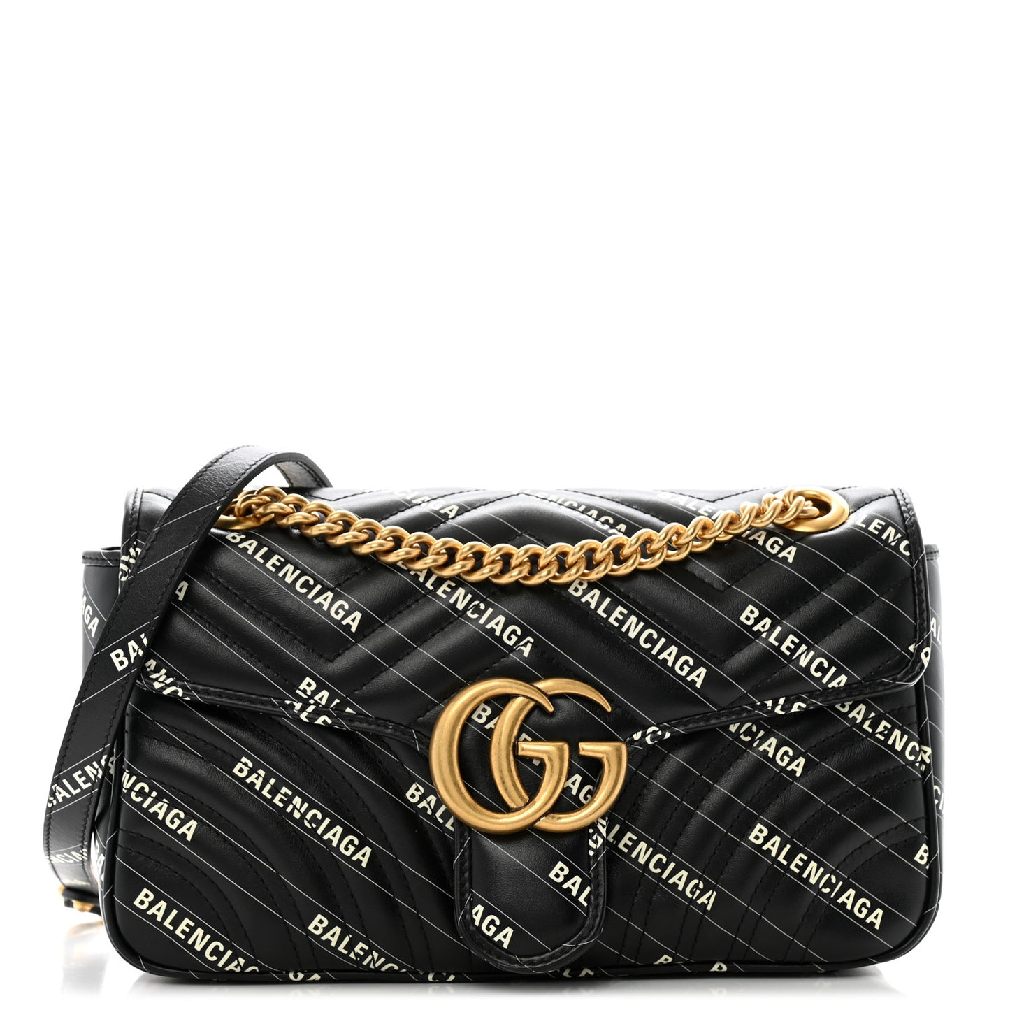 X BALENCIAGA Calfskin Matelasse Logo Print Small GG Marmont Shoulder Bag Black