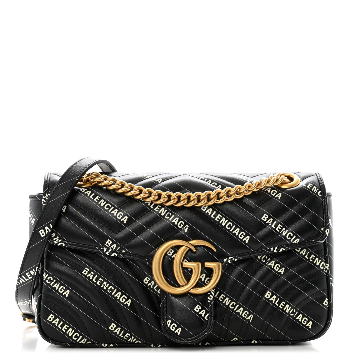 Gucci X BALENCIAGA Calfskin Matelasse Logo Print Small GG Marmont Shoulder Bag Black 1 of 10