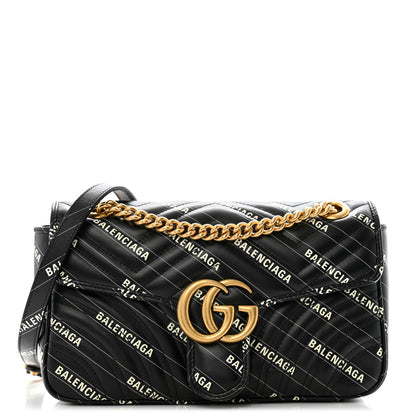 Gucci X BALENCIAGA Calfskin Matelasse Logo Print Small GG Marmont Shoulder Bag Black 1 of 10
