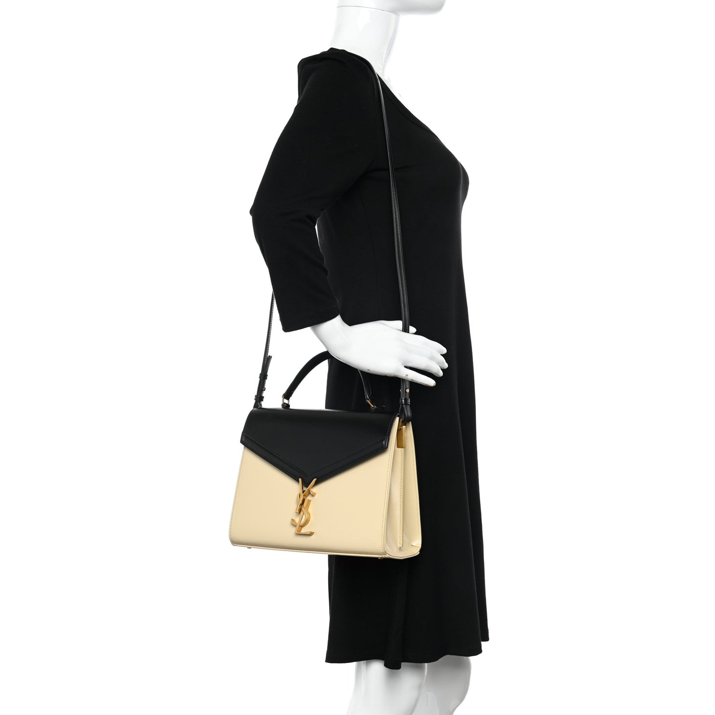 Smooth Shiny Calfskin Medium Classic Monogram Cassandra Top Handle Black Crema Soft