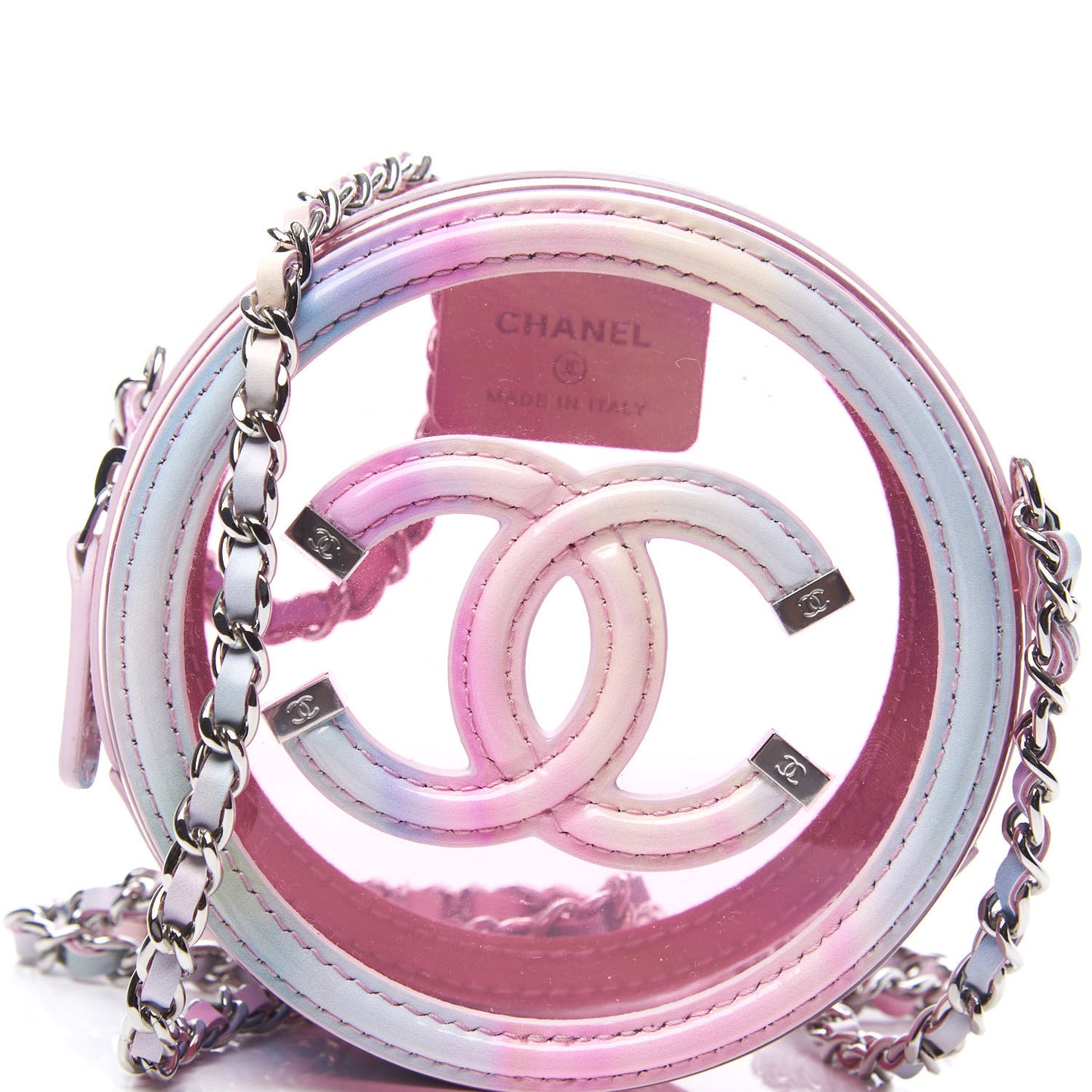 PVC Lambskin Filigree Round Clutch With Chain Pink