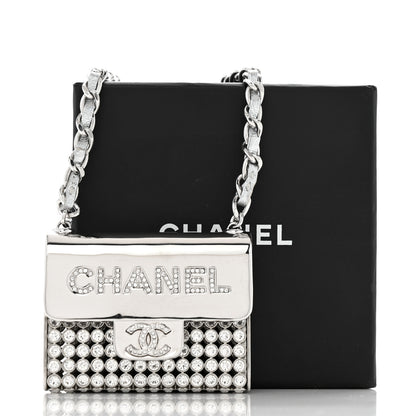 Chanel Metal Lambskin Strass Crystal Purse CC Long Necklace Silver 6 of 6