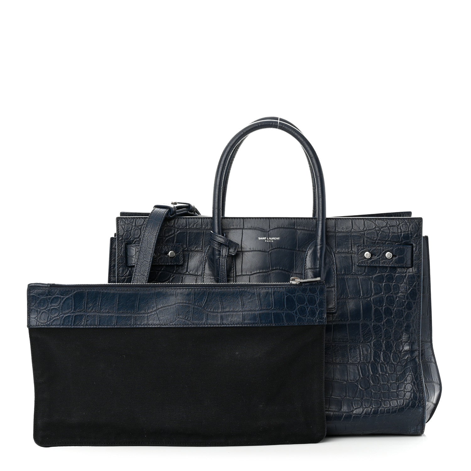 Saint Laurent Calfskin Crocodile Embossed Medium Souple Sac De Jour Navy 1 of 12