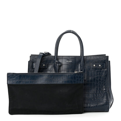 Saint Laurent Calfskin Crocodile Embossed Medium Souple Sac De Jour Navy 1 of 12