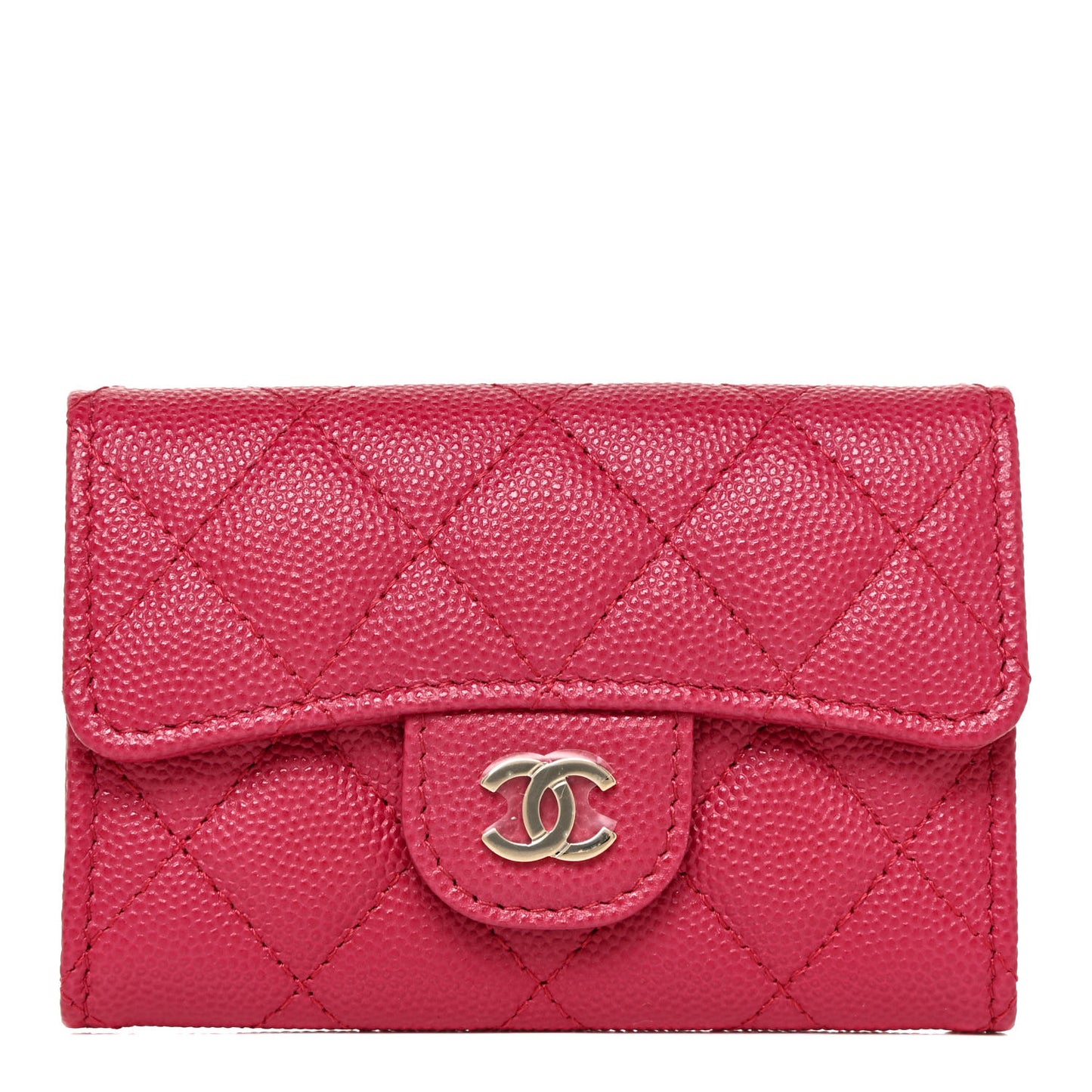 Caviar Quilted Flap Card Holder Wallet Dark Pink