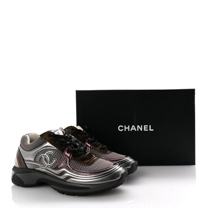 Chanel Fabric Laminated Calfskin Stretch CC Womens Sneakers 37.5 Khaki Silver Dark Purple 10 of 10