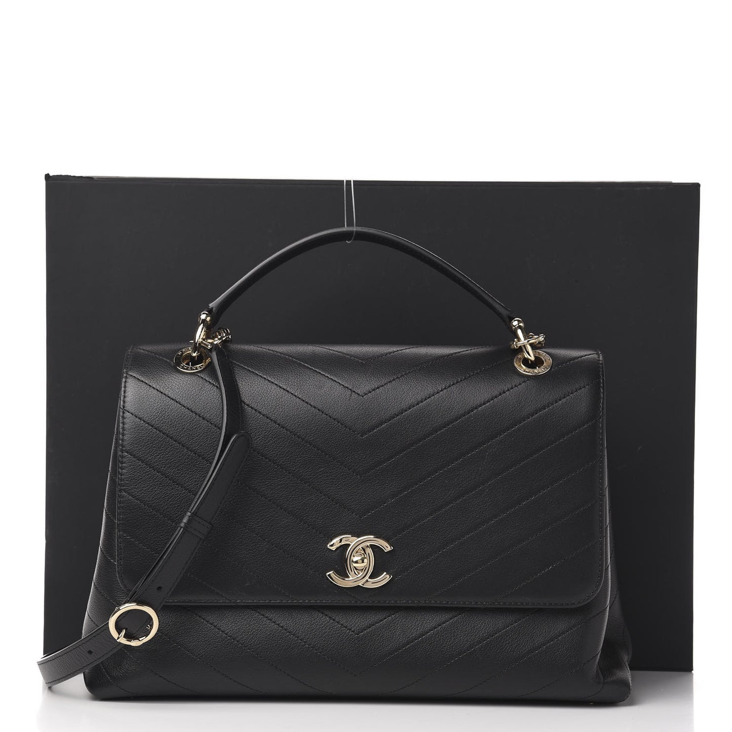 Grained Calfskin Chevron Stitched Medium Chic Top Handle Flap Black