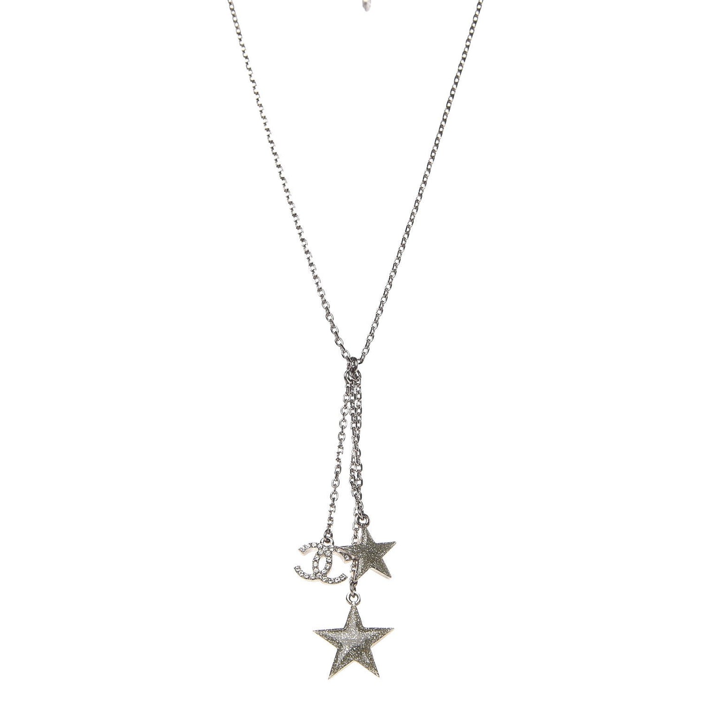 Crystal Glitter Enamel CC Star Drop Necklace Silver